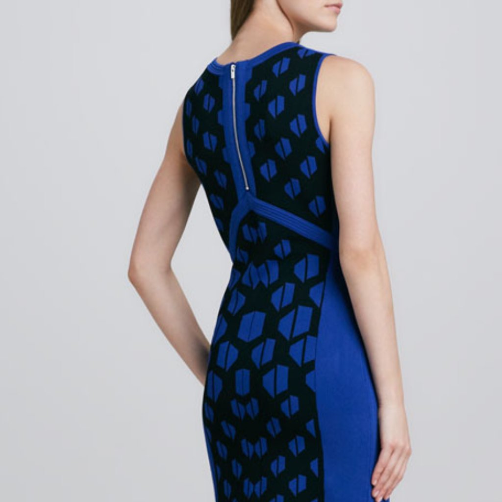 Petite Small Diane Von Furstenberg Blue - Black Geometric Stretchy Dress